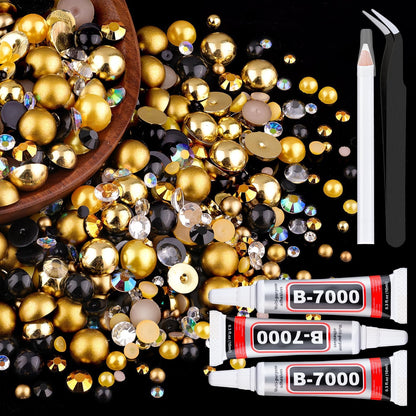 80g Flatback Pearls and Rhinestones for Crafting, Golden Black 3-10mm Resin Rhinestones and Half Pearls for Bedazzling, Nail Art and Dec with 3pcs 10ml B7000 Jewelry Glue, Tweezer and Pickup Pencil