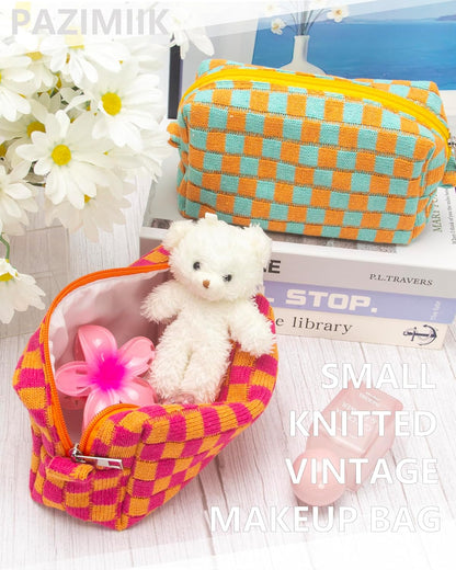 PAZIMIIK Checkered Makeup Bag for Purse Portable Zipper Make Up Pouch Small Cosmetic Case for Travel Red Orange