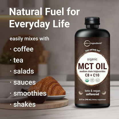 MCT Oil Organic, 32 fl oz |100% Virgin Coconut with C8 + C10 Fatty Acids | Natural Fuel for Brain Energy & Ketone Production | Great for Coffee or Dressings | Unflavored, Keto, Vegan