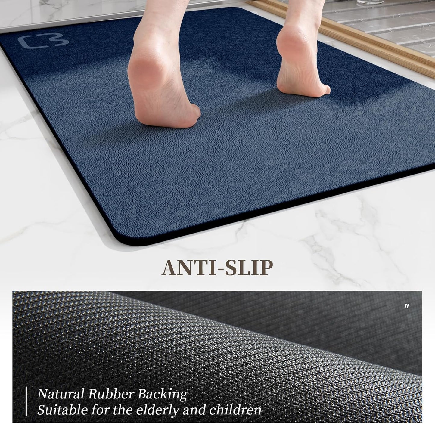 Bath Mat 17" x 59" Extra Long Bathroom Mat Large Fast Dry Super Absorbent Non-Slip Rubber Backed Shower Mat Bath Rugs Mats for Bathroom Floor, Tub, Shower, Sink, Navy Blue