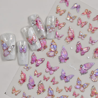 2 Sheets Butterfly Nail Art Stickers 5D Embossed Self-Adhesive Pink Aurora Sparkling Butterfly Nail Decals Designs for Women Girls DIY Nail Decoration
