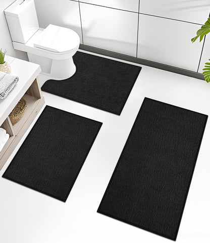 chakme Bathroom Rug Sets 3 Piece, Ultra Thin Bath Mat Quick Dry Bath Mat, Absorbent Bath Mat for Bathroom Non Slip Machine Washable, (Black)