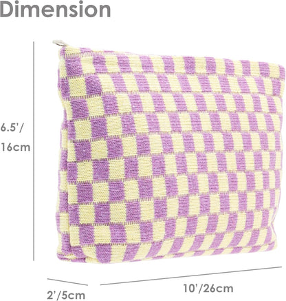PAZIMIIK Knitted Checkered Makeup Bag Large Zipper Make Up Accessory Pouch for Purse Cosmetic Brush Bag for Travel Essential,Purple