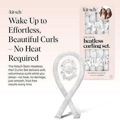 Kitsch Satin Heatless Hair Curler Set - Heatless Curls Overnight, Hair Rollers for Soft Curls & Frizz-Free Styling, No Heat Curlers To Sleep in, Curling Rod Headband with 2 Scrunchies - Ivory