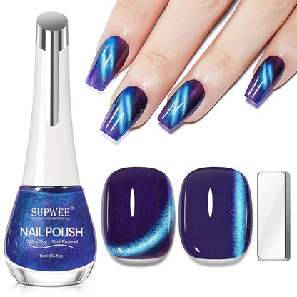 Blue Violet Cat Eye Nail Polish Quick Dry, Magnetic Nail Polish Non Gel Fingernail Lacquer DIY Manicure Gift For Women Girls 16ml/0.54 oz