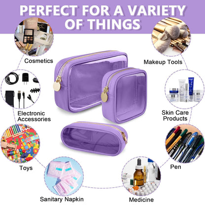Clear Mini Makeup Bag for Purse, Small Nylon&PVC Cosmetic Travel Bag TSA Approved Toiletry Bag with Zipper, Preppy Transparent Makeup Travel Bag Coin Purse for Women Men Girls(Mini-Purple)