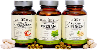 Herbal Roots Digestive Support Trio, Oil of Oregano, Certified Organic ACV & Ginger Herbal Supplements - Non-GMO