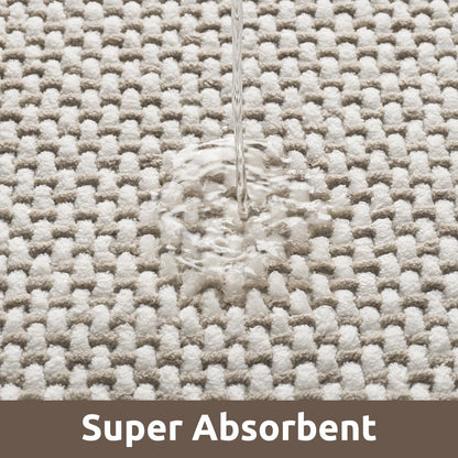 AMOAMI Chenille Bath Mat Super Absorbent Bathroom Mat Quick Dry Low Pile Bath Mats for Bathroom Washable Rubber Backed Bathroom Runners Fit Under Door, Front of Bathtub, Sink, Beige&White 24"x48"