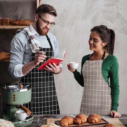 Britimes 2 Pack Aprons, Plaid Check Grid Taupe Adjustable Bib Aprons with 2 Pockets for Women Men Couple Lovers Chef Home Kitchen Cooking Baking Gardening Tan Black Apron 32x28 Inches