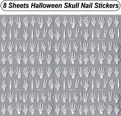 8 Sheets Halloween Nail Stickers 5D Embossed Skull Finger Nail Stickers Self-Adhesive Horror Skeleton Decals for Women