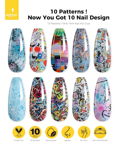 BURANO Nail Art Nail Foil Glue Gel, o.5 oz with 10PCS Foil Stickers Set Nail Foil Glue for Nails Foil Transfer Gel, Nail Design DIY UV LED Lamp Required (Design Foil 17)