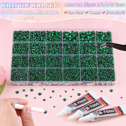 30000Pcs Resin Emerald Green Rhinestones for Bedazzling Crafting with b7000 Jewelry Glue, Bulk Flatback Gems Bedazzler Kit for Crafts Clothes Shoes Fabric Nail Diamond Art, Assorted Size 2/3/4/5/6mm