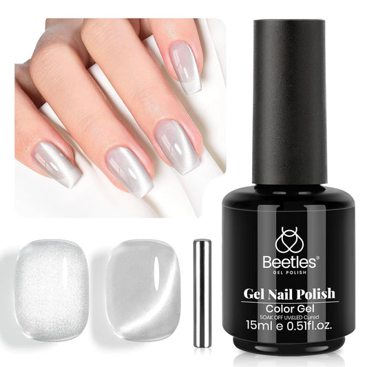 Beetles Silver Cat Eye Gel Polish, 15ML Silver Glass Cat Eye Glitter Gel Polish with Magnet Shimmer Translucent Sheer Color Soak Off UV Lunar Gleam Series French Nail Art Gift for Women