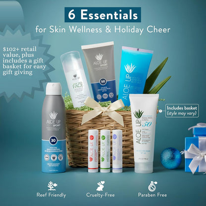 Aloe Up Sun & Skin Care Gift Basket – 6-Piece for Men & Women Set with SPF Moisturizers, Sport Sunscreens, Lip Balm & Aloe Gel – Alcohol-Free, Reef Friendly, Hydrating Skincare Kit