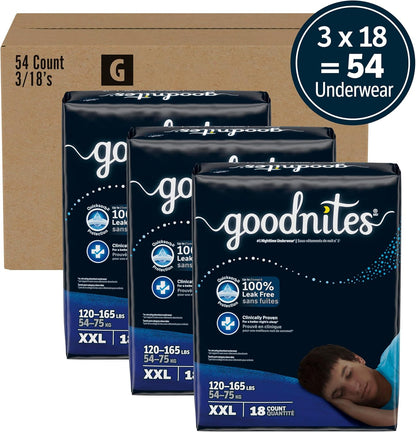 Goodnites Boys' Nighttime Underwear, Size XXL (120-165 lbs), 54 Ct, Packaging May Vary