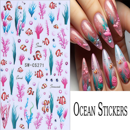 6 Sheets Ocean Plant Nail Art Stickers 3D Self -Adhesive Colorful Seaweed Shell Nail Decals Holographic Cute Fish Starfish Bubbles Nail Stickers Summer Nail Decoration for Women Manicure Supplies