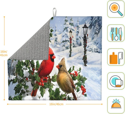 Winter Cardinal Birds Dish Drying Mat for Kitchen Counter Washable Dish Drying Racks Absorbent Reversible Microfiber Dishes Drying Pad Christmas Kitchen Accessories or Decor 16"x18"