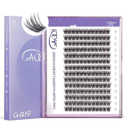 GAQQI Lash Clusters, GQ19 Individual Lashes 168pcs D Curl, DIY Lash Extension 14mm Length Only False Eyelash Clusters, Natural & Wispy Lash Wisps (GQ19,D Curl,14mm)