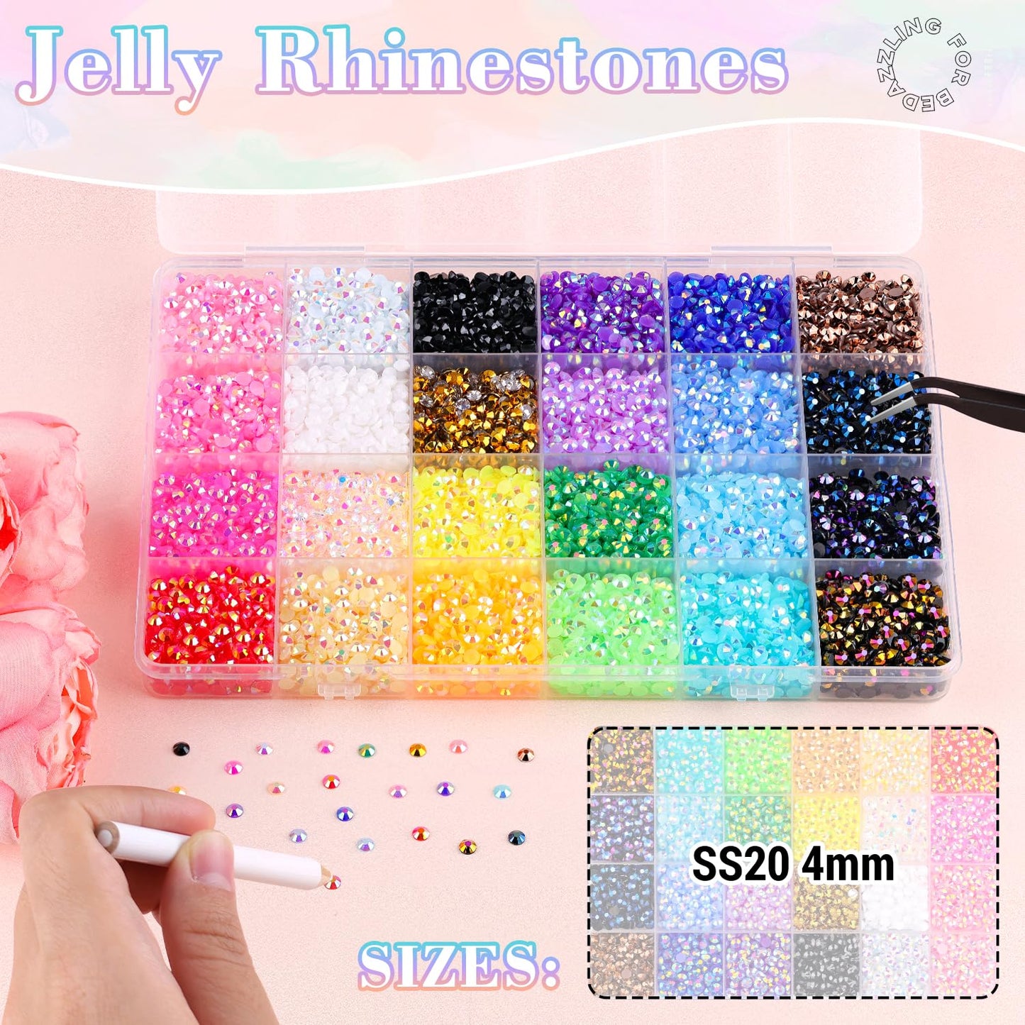 12600Pcs Resin Jelly Rhinestones with Tweezers for Crafting, Multi Colors 4mm Non Hotfix Flatback Gems, Bedazzling Crystal for DIY Crafts Clothing Tumblers Mugs Shoes Decor Nail Art