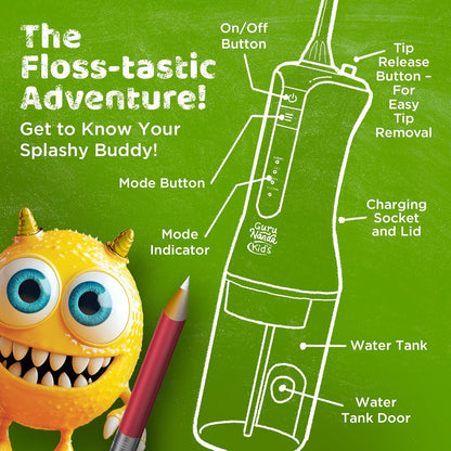 GuruNanda Kids Water Dental Flosser - 4 Flossing Modes, 4 Nozzles, 2-Min Smart Timer, Ages 6+, Monster Frens Theme, Portable Oral Care for Kids