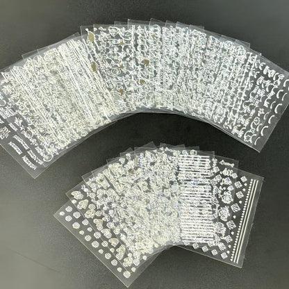 30 Sheets Silver Nail Art Stickers 3D Self-Adhesive Line Nail Decals Silver Star Nail Stickers Moon Heart Nail Supplies Nail Art Design for DIY Acrylic Nails Decoration Accessories for Women