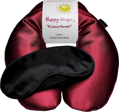 Microwavable Herbal Neck Wrap - Hot Cold Aromatherapy Neck Warming Pillow - Heating Pad for Migraines, Stress, Gifts for Women, Birthdays, Christmas and Free Sleep Mask - Ruby Satin