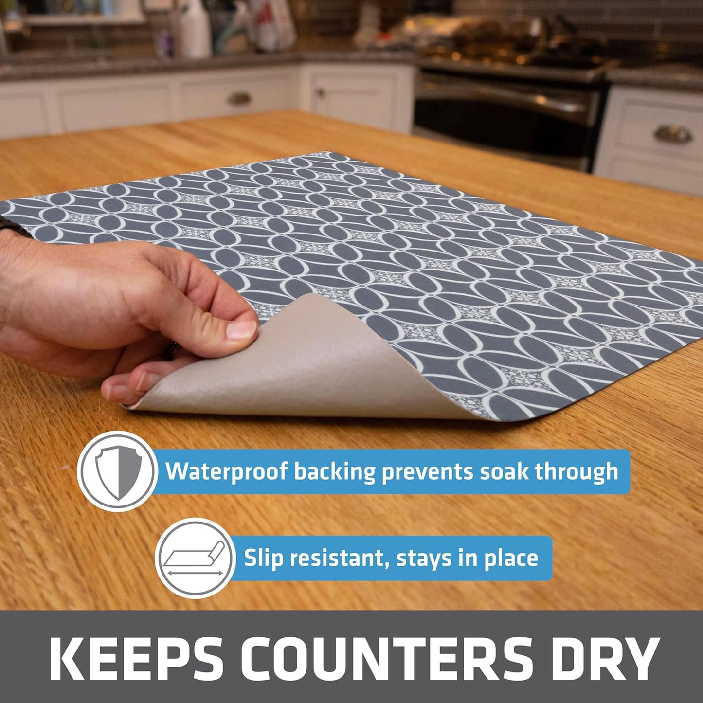 Drymate XL Dish Drying Mat, Oversized (19”x24”), Low-Profile, Super Absorbent, Quick Dry Fabric, Waterproof & Slip-Resistant, for Kitchen Counter, Trimmable, Easy to Clean (USA Made)(Indigo Grey)