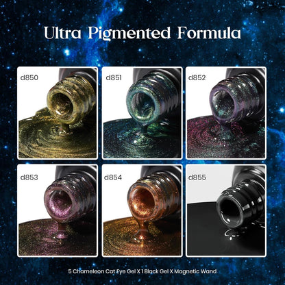 Beetles Cat Eye Gel Nail Polish Set - 6 Colors Halloween Chameleon Cat Eye Black Glitter Red Blue Gold Green Orange Gel Polish with Magnet Soak Off UV Velvet Gel Salon French Nail Art Gift for Women