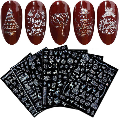 9 Sheets Merry Christmas Nail Art Stickers Decals Self-Adhesive Holiday Snowflakes Laser Silver Snowman Bell Nail Supplies Nail Art Design Decoration Accessories