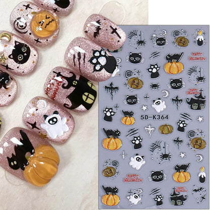 2 Sheets Halloween Nail Stickers for Nail Art 5D Spider Web Nail Art Stickers Embossed Ghost Pumpkin Nail Decals Self-Adhesive Horror Black Cat Nail Design Decals for Women Party Nails Supplies