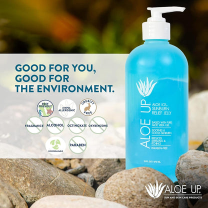 Aloe Ice Sunburn Relief Jelly – Face and Body Organic After Sun Gel – with 96.6% Pure Aloe Vera Gel – Reef Safe – Alcohol- and Fragrance Free – 16oz