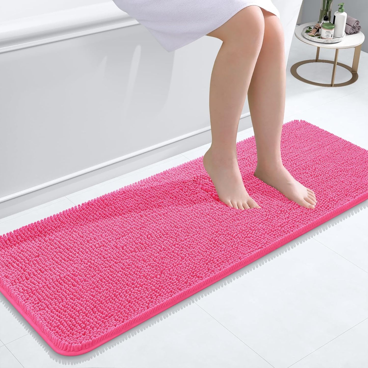 OLANLY Bathroom Rugs 47x17, Extra Soft Absorbent Chenille Bath Rugs, Rubber Backing Quick Dry, Machine Washable Bath Mats for Bathroom Floor, Tub and Shower, Home Decor Accessories, Hot Pink