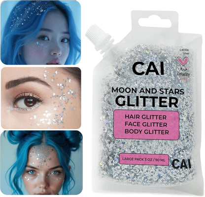 Face, Body & Hair Glitter Gel – Halloween Glitter for Kids and Women – 3 Oz Cosmetic-Grade Gel w/Moon & Stars for Festivals & Halloween Party, Easy Apply & Wash Off - Silver 2Pack