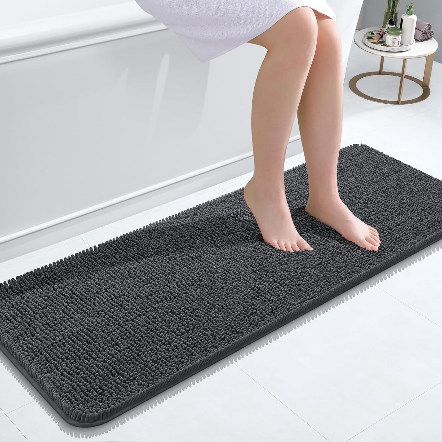 OLANLY Bathroom Rugs 47x17, Extra Soft Absorbent Chenille Bath Rugs, Rubber Backing Quick Dry, Machine Washable Bath Mats for Bathroom Floor, Tub and Shower, Home Decor Accessories, Dark Grey
