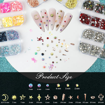 Artdone Nail Art Studs Kit, 6 boxes Multicolor And Design 3D Charms With 15 Sheets Gold Nail Stickers, Diamond Cute Nail Jewels For DIY Decoration with Pickup Tools