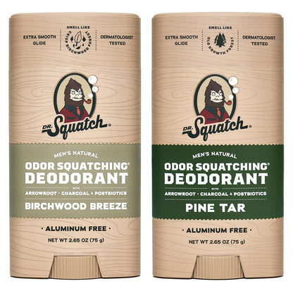 Dr. Squatch Natural Deodorant for Men - Odor-Squatching Aluminum Free - Pine Tar & Birchwood Breeze (2.65 oz, 2-Pack)