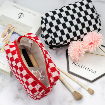 PAZIMIIK Checkered Makeup Bag for Purse Portable Zipper Make Up Pouch Small Cosmetic Case for Travel Accessories (Red)