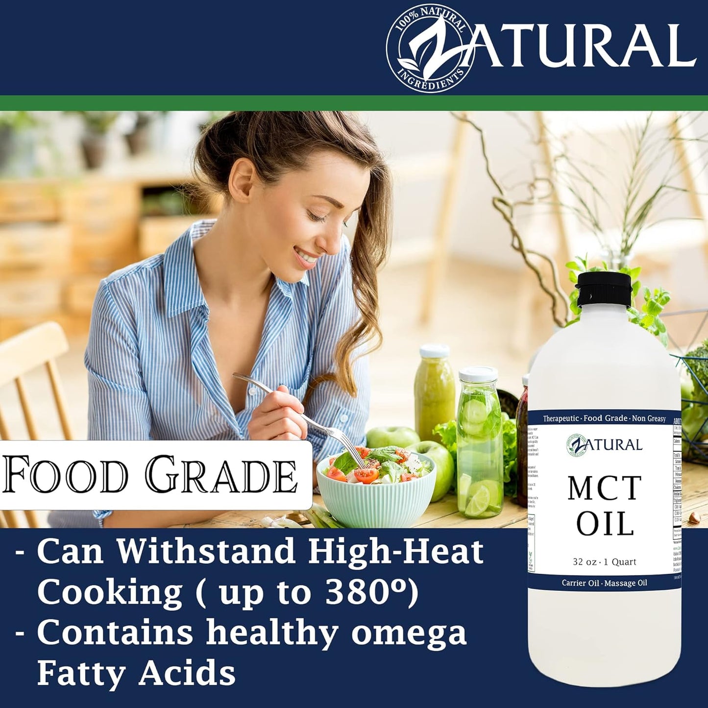 Pure MCT Oil, Carrier Oil, Massage Oil, Hydrating Oil, Hair Oil, Food and Therapeutic Grade, 32 Oz