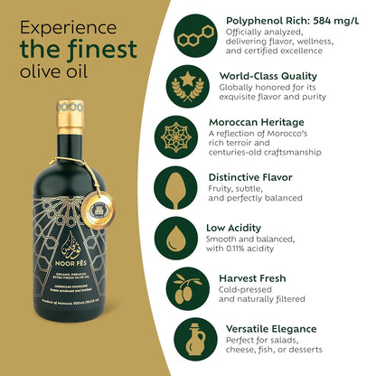 NOOR FÈS 20+ Awards EVOO | Polyphenol Rich 584 mg/kg | USDA Organic Extra Virgin Olive Oil | Moroccan Picholine | Cold Pressed Olive Oil | Great Gift for Chefs | 17 Oz