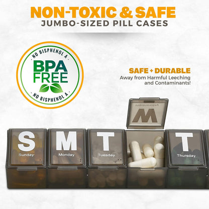 Weekly Pill Organizer - (Pack of 2) Extra Large Vitamin Container with Jumbo Easy to Read Letters, BPA Free - Daily Travel 7 Day Medication Pill Box Case, (Black)