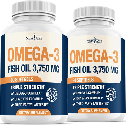 Triple Strength Omega 3 Fish Oil 3750 mg - EPA & DHA - Over 3000mg Omega-3 Fatty Acids - 1350mg EPA + 900mg DHA - Best Essential Fatty Acids, Burpless Fish Oil - 180 Count