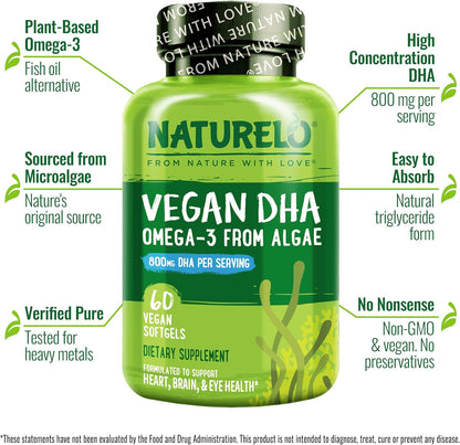 NATURELO Vegan DHA - Omega 3 Oil from Algae - Supplement for Brain, Heart, Joint, Eye Health - Provides Essential Fatty Acids for Women, Men and Kids - Complements Prenatal Vitamins - 60 Softgels