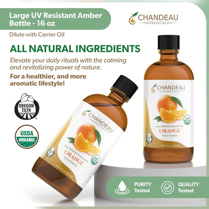 100% Pure Organic Essential Oil, Pure Orange Essential Oil for Aromatherapy, Soap Making, Candles, Laundry, Perfume, Cleaners or Diffusers - Large Amber Glass Bottle, 16 oz.