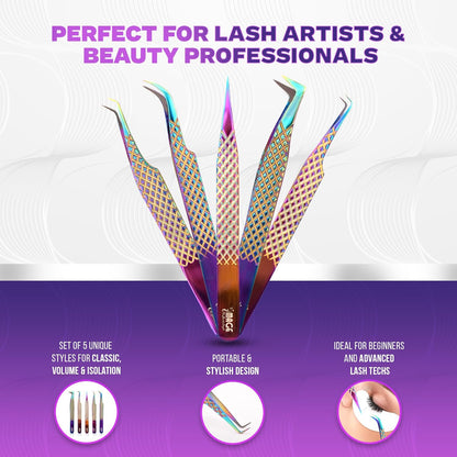 5 Pcs Fiber-Tip Japanese Steel Lash Tweezer Set with Leather Case, Professional Eyelash Tweezers for Lash Extensions – Titanium Coated, 90 & 45 Angled, Precision Pointed Tweezers (Rainbow Color)