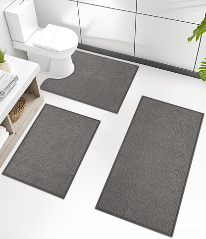 chakme Bathroom Rug Sets 3 Piece, Ultra Thin Bath Mat Quick Dry Bath Mat Set, Absorbent Bath Mat for Bathroom Non Slip Machine Washable, (Dark Grey, 3 Piece)