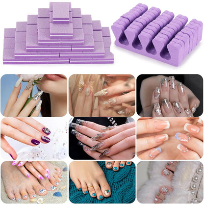 102pcs Toe Separators Set - Premium Pedicure Tool Super Soft Pedicure Toe Separator- Mini Nail Buffer Block File 80/100 Grit 2 Sided, Purple