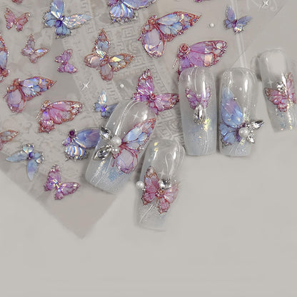 2 Sheets Butterfly Nail Art Stickers 5D Embossed Self-Adhesive Pink Aurora Sparkling Butterfly Nail Decals Designs for Women Girls DIY Nail Decoration