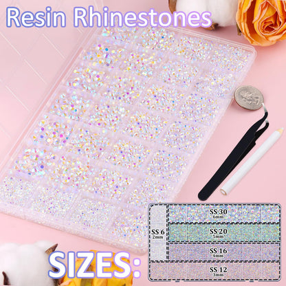 30000Pcs Resin Rhinestones for Bedazzling with Tweezers, Transparent AB Rhinestones for Crafting with B7000 Jewelry Glue for DIY Crafts Clothing Tumblers Shoes Fabric Nail Art