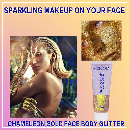 MEICOLY Chameleon Gold Body Glitter,Mardi Gras Outfit for Women,Color Changing Face Glitter,Chunky Glitter Face Paint,Holographic Glitter Sequins for Face Body Hair,Festival Party Glitter Makeup,50ml