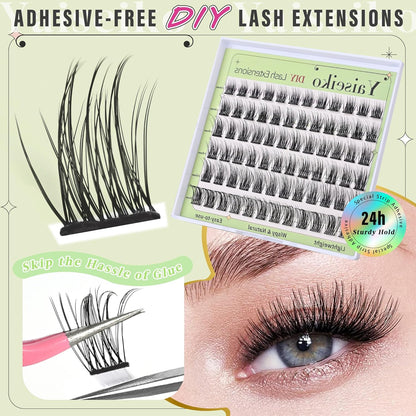 Self Adhesive Eyelash Clusters Press On Lashes, Self Adhesive Eyelashes No Glue Needed Lash Extension Reusable Wispy DIY Eyelash Extensions D curl Pre Glued Cluster Lashes 10-18mm(Y02 72Pcs)